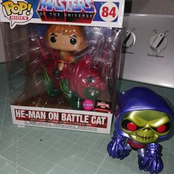 Funko pop Masters the Universe He Man on battle cat  (new), and metallic Skeletor exclusive.  Good Condition. 