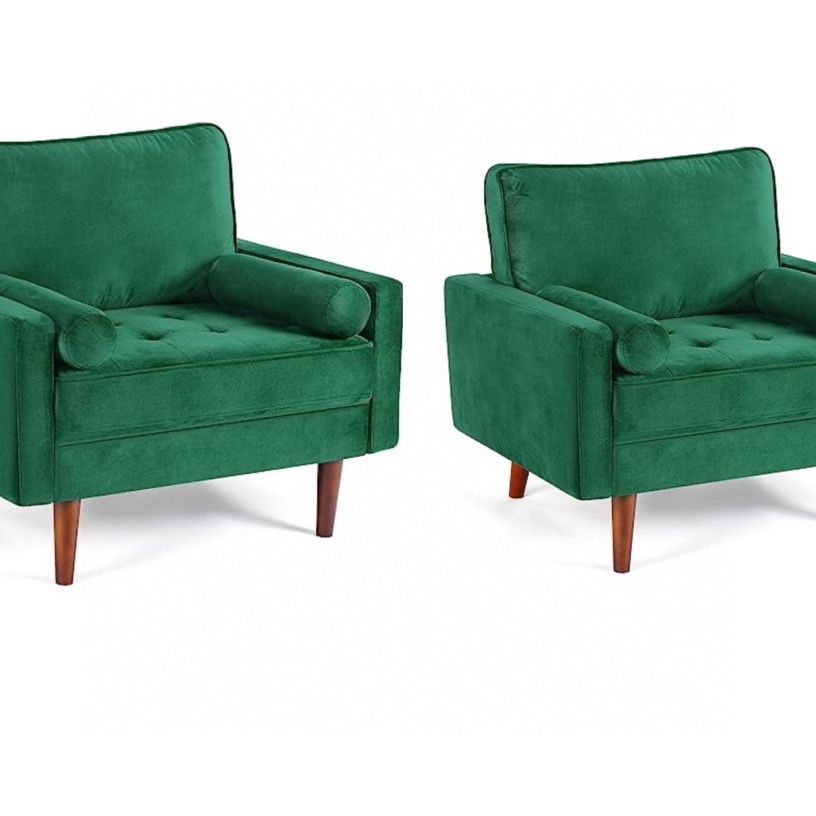 Set of 2 Velvet Accent Chair, Mid Century Modern Living Room Chairs, Button Tufted Arm Chairs with 2 Pillows, Comfy Sofa Chairs