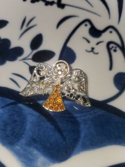 Vintage Silver & Topaz Amber Rhinestone Angel Pin Brooch