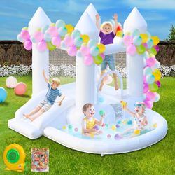 Aonesy White Bounce House,Inflatable Bouncy Castle for Kids with 370W Air Blower, Small Bounce Hose with Ball Pit Slide for Kids Indoor Outdoor Party 