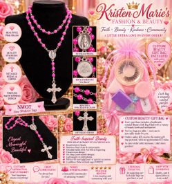NWOT pink rosary & beauty gift bag
