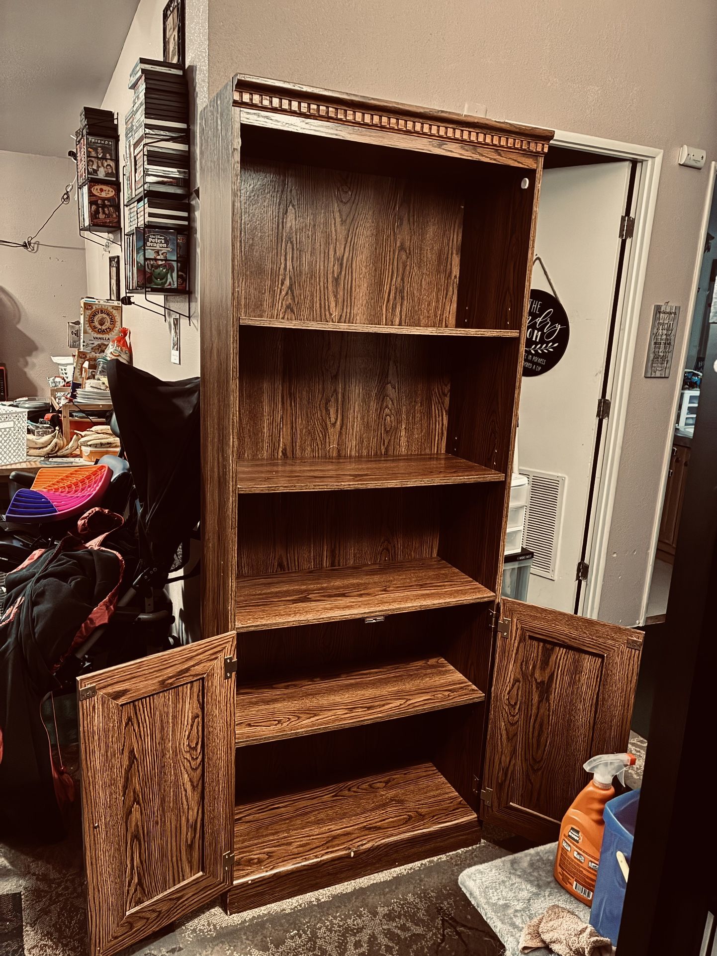 $$$145 (firm price)-one Beautiful tall book shelf  Not positive of which wood material its made (whether it's real wood or pressed wood? not sure?  bu