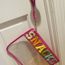 Hot Pink Snacks Bag With Puffer Letters And Gold Outline 