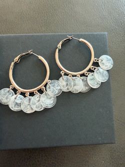 Silver Hoop Earrings White Marble Acrylic Resin Disc Charms Dangle Statement