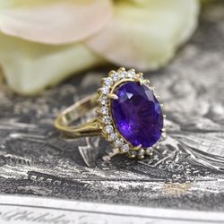 14k yellow gold cocktail ring with diamonds and faux amethyst 