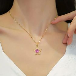 Gold Star Pendant Necklace with Pink Gemstone