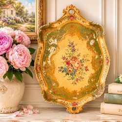  Large Vintage Italian Florentine Hand Painted Tray Sage Green Gold Floral Table Centerpiece Florence Italy Collectible Retro 