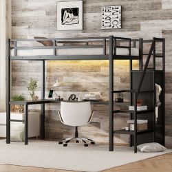 Twin XL Size Loft Bed with L-shaped Desk and USB, Metal Loft Bed with Wardrobe and Adjustable Shelf, High Loft Bed with LED for Kids Teens Adults, Bla