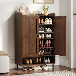 Shoe Cabinet with Cross Molding Doors, 6-Tier Shoe Storage(Walnut)