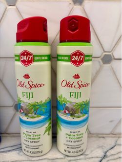 New Old Spice Fiji Dry Spray Antiperspirant. Palm Tree + Coconut scent, 4.3 oz. Offers 24/7 Sweat Defense and is Gentle on Skin.