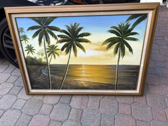 Framed Palm Tree Sunset Painting