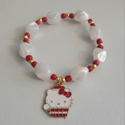 White & Red Beaded Kitty In A Red Basket Bracelet 