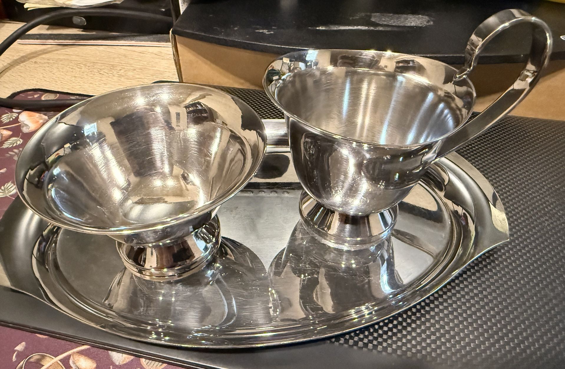 Silver Plated creamer and sugar bowl set with tray