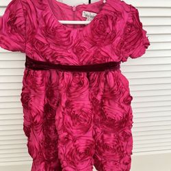 Hala Baloo Size 4 Pink Rosette Pattern Satin Holiday Party Dress Velvet Tie Belt