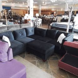 Black Velvet Sectional And Ottoman 