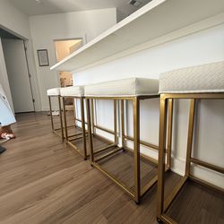 Set of 4 Modern Gold & White Bar Stools (Counter Height)