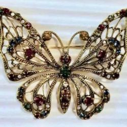 Multicolored Rhinestone VINTAGE Gold Tone BUTTERFLY Pin