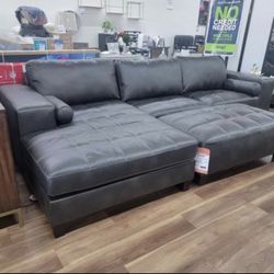 New Ashley Brand Dark Gray Bonded Leather Contemporary Sectional Sofa Couch *Ottoman Sold Separately*