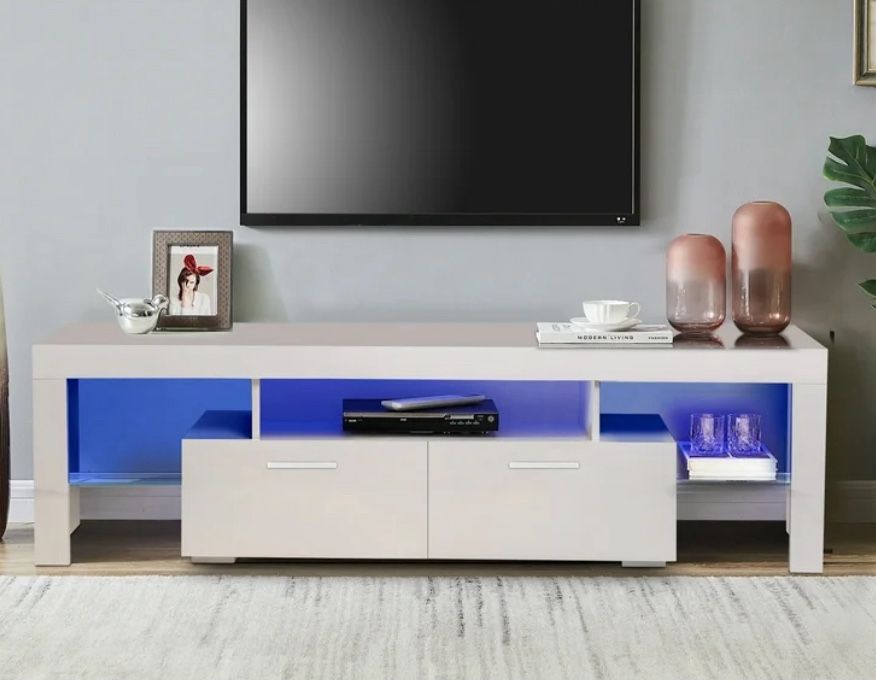White TV Stand With LED Remote Control With Storage Cabinets And Glass Shelves