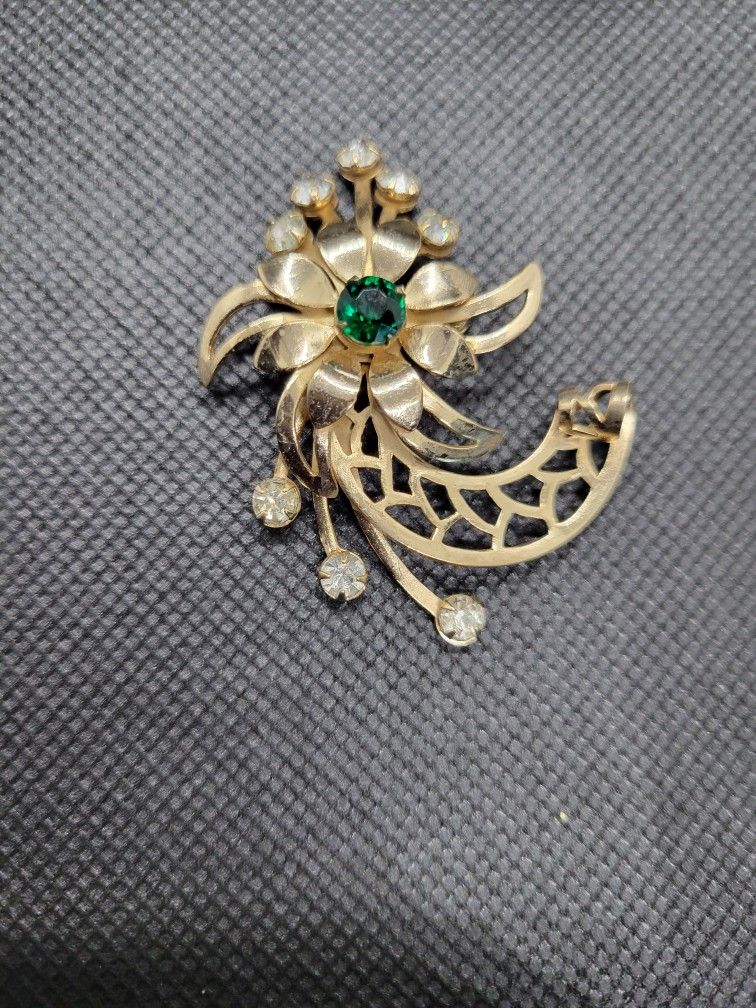 Gold Tone Flower With Green And Clear Stones Brooch