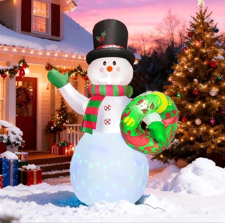 7 FT Inflatable Christmas Decorations, Large Holiday Inflatable Snowman Outdoor with Colorful Rotating LED, Christmas Blow Ups for Outside Garden Pati