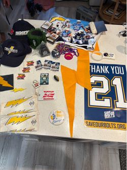 Vintage San Diego Chargers Fan Cave Memorabilia Lot Tomlinson 21 Sign Hat Poster