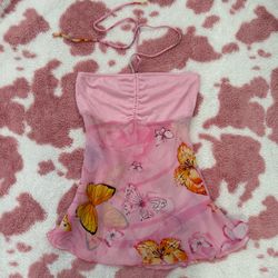 🦋 Y2K Fairycore Pink Butterfly Mesh Halter Top ✨ Coquette Babydoll Tube Top Small