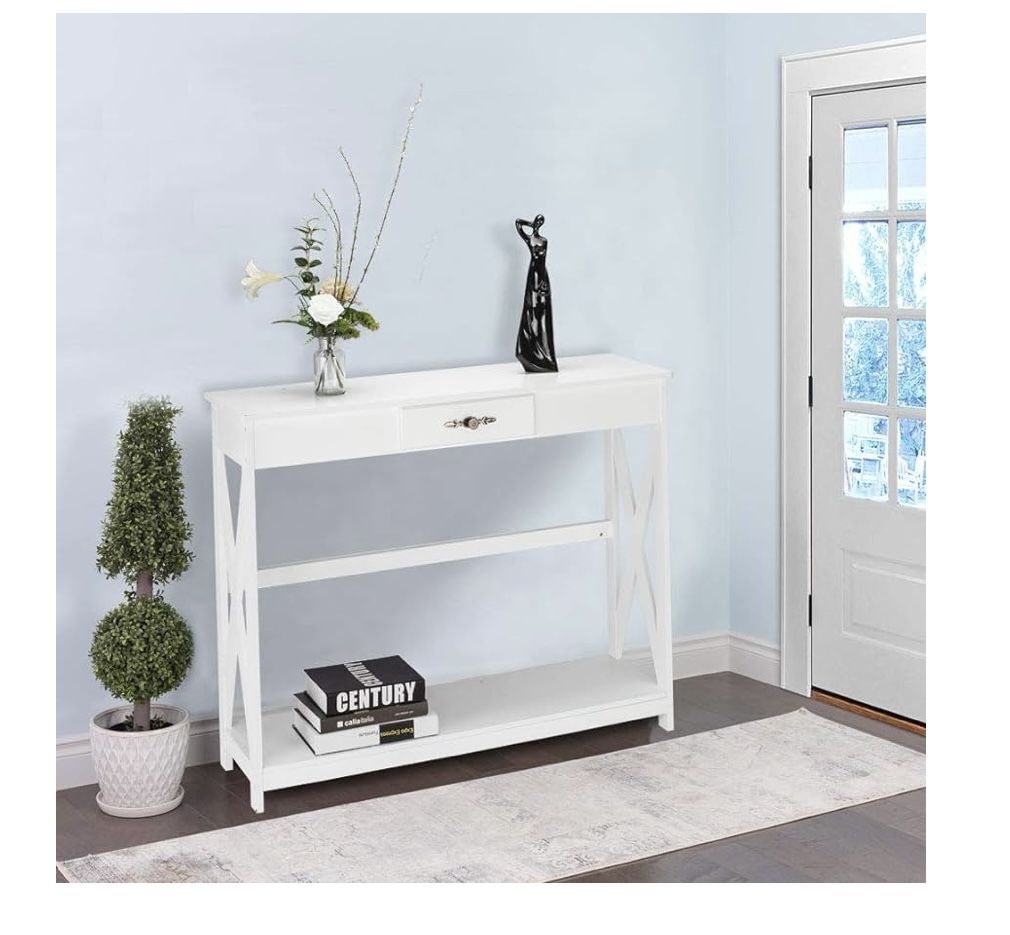 White Entryway Table With Shelf And Storage
