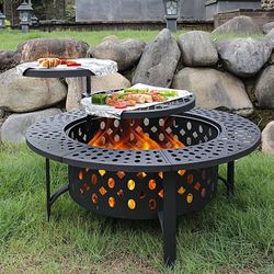36 Inch Fire Pit with 2 Grills, Wood Burning Fire Pits for Outside with Lid, Poker and Round Waterproof Cover, BBQ& Outdoor Firepit & Round Metal Tabl