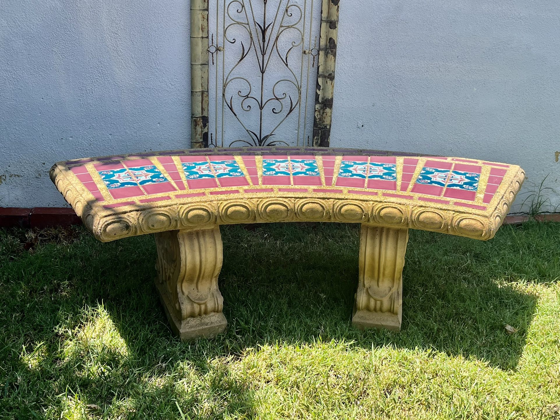 Vintage Cast Stone/Cement Bench Beautiful Talavera Mosaic.
