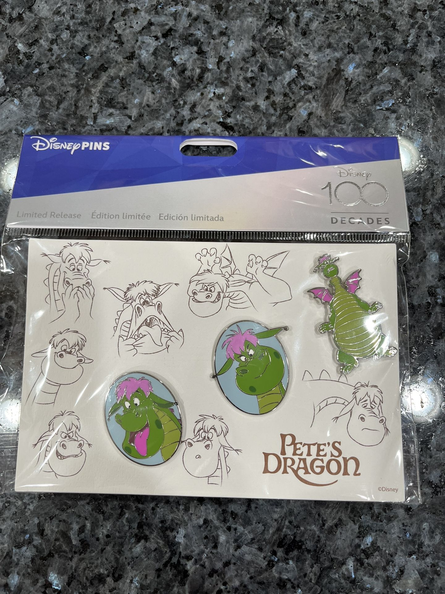 Disney 100 Years Decades 1970 Pete’s Dragon Elliott 3 Pin Set.  Brand new factory sealed. 