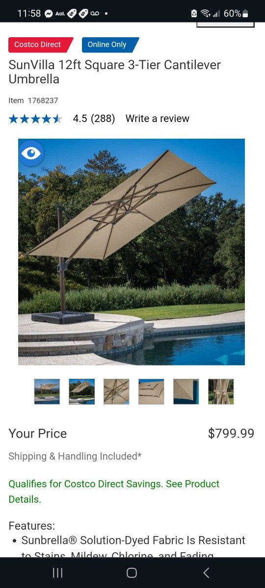 SunVilla 12ft Square 3-Tier Cantilever Umbrella $650