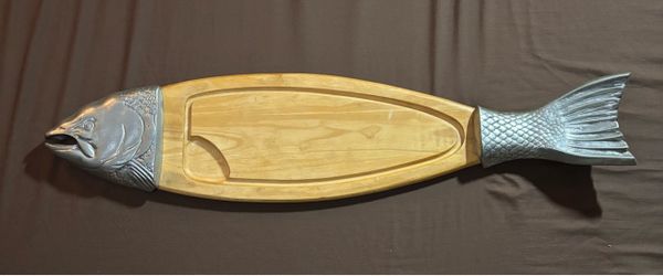 Fish-Shaped Wood and Metal Serving Board