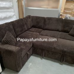 New! Plush Chocolate Sectional Sofa Bed With Storage, Brown Sectional, Sofa, Couch, Corduroy Sectional Couch With Pull-out Bed, Sofabed, Sleeper Sofa 