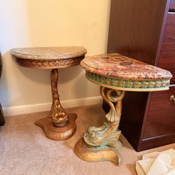Antique Console Tables, Marble Top And Fish Shaped Bases 