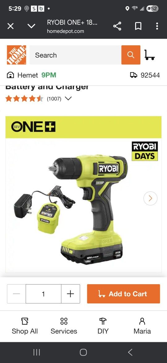 Ryobi 18V 3/8" Drill Kit