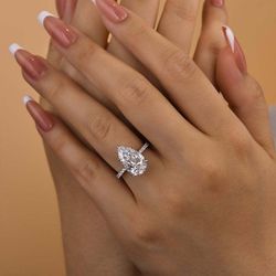 Moissanite 3 carat White Gold pear shaped wedding engagement Sterling Silver ring