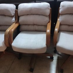 Set of 6 Chromcast Douglas Swivel Rolling Dining Chairs with Wooden Arms Beige Tan