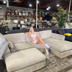 Modern Beige Fabric Sectional sofa with ottoman