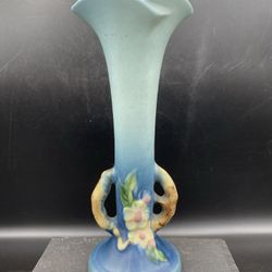 ANTIQUE ROSEVILLE BLUE APPLE BLOSSOM ART POTTERY TREE BUD FLOWER VASE