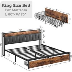 LIKIMIO King Metal Bed Frame with 2 Storage Drawers, Sturdy for Adults, Vintage Brown(0024)