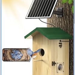Bird House with Camera Solar Powered, 2K HD Wi-Fi Bird Watching Cam for Birdhouse, Auto Detect & Notify, Night Vision, APP Control, Wooden Birdhouse w