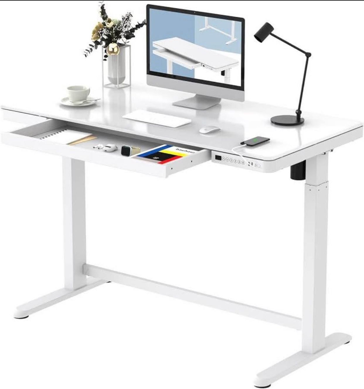 White Flexispot Adjustable Standing and Sitting Glass Top Desk