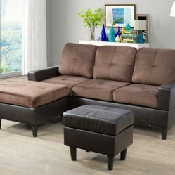 Brand New Brown Microfiber Sectional With A Reversible Chaise & Footrest 