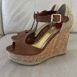 Lauren Ralph Lauren Sheila Polo tan soft burnished calf platform wedges, Size 6