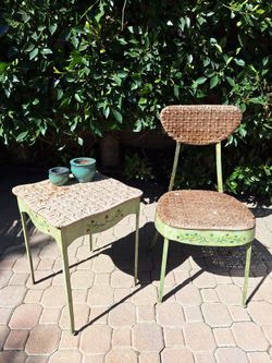 Vintage Outdoor Wicker Steel Chair and Table Set 