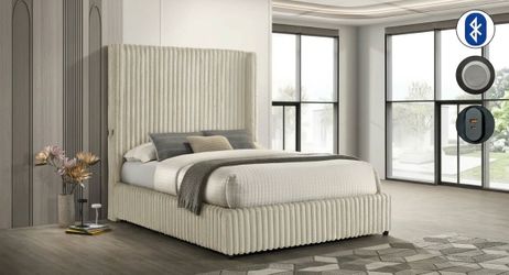 NEW 6FT Tall Cream CorduroyPlatform Bed Frame King & Queen Size with USB Port Bluetooth