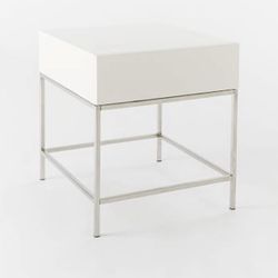 WEST ELM Nightstand White Lacquer Side Table originally $350 + tax & shipping!!   Steel legs. Drawer opens on glides. Made in a Fair Trade Certified™ 