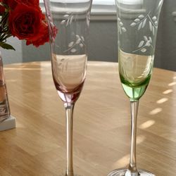 Set Of 3 Etched Champagne Flutes 
