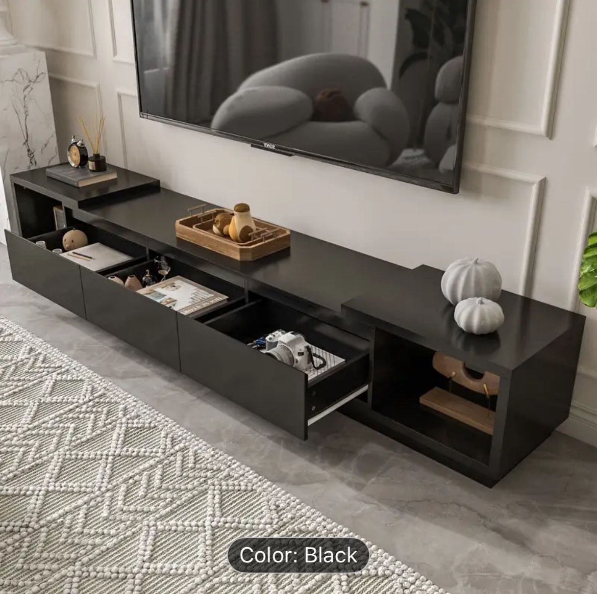 Sliding TV Table, Color Black, Extendable from 65.4” to 106.3" (used)